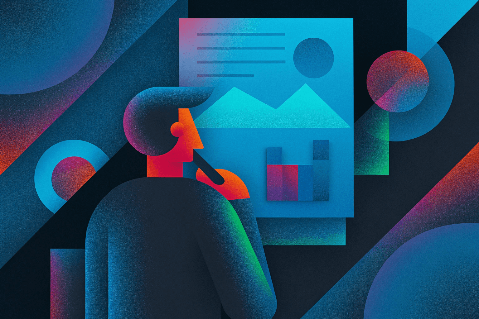 Illustration: Denkender Mann vor PC mit Google-Suche „Klempner Notdienst", Notizblock in der Hand und Wandtafel „Unser Angebot vs. Kundensuche".